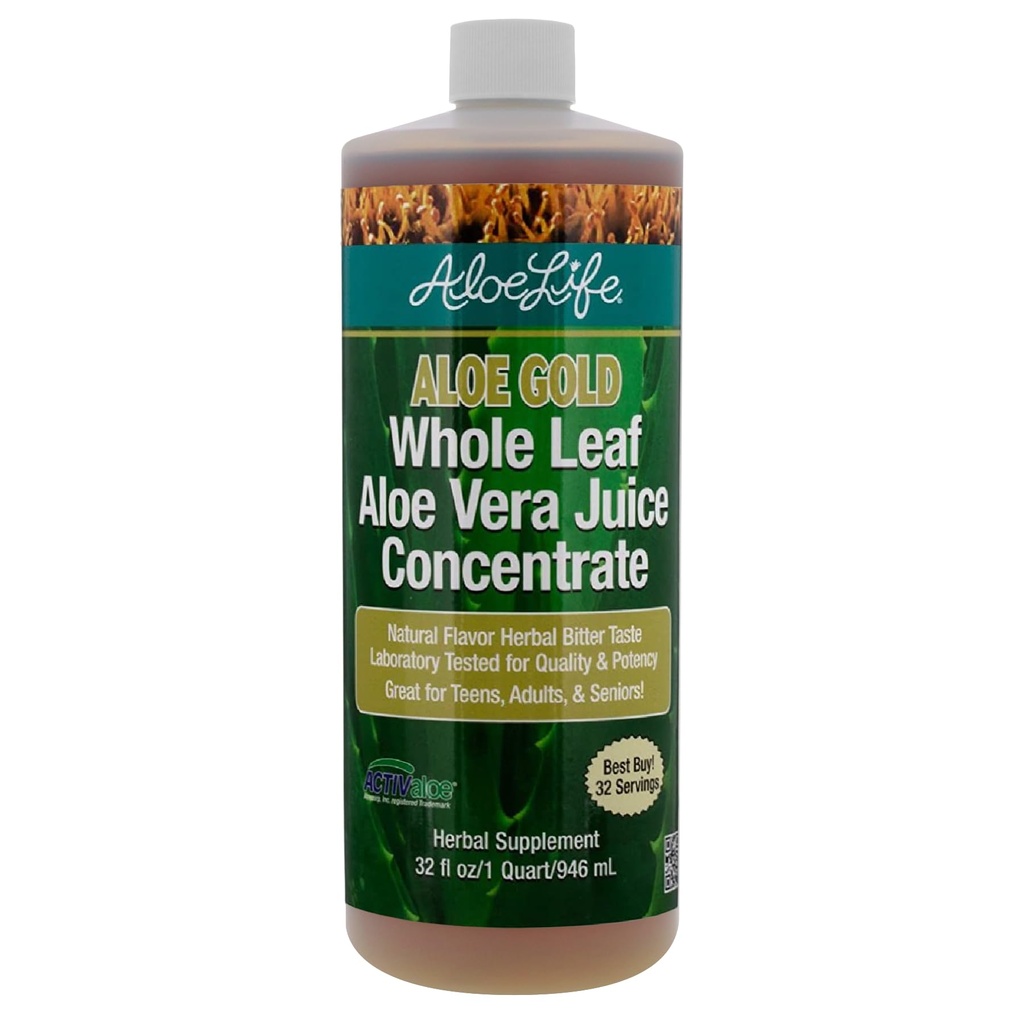 Aloe Life - Whole Leaf Aloe Vera Juice, sertifikalı Organik, Gluten-Free (Aloe Gold, 32 oz)