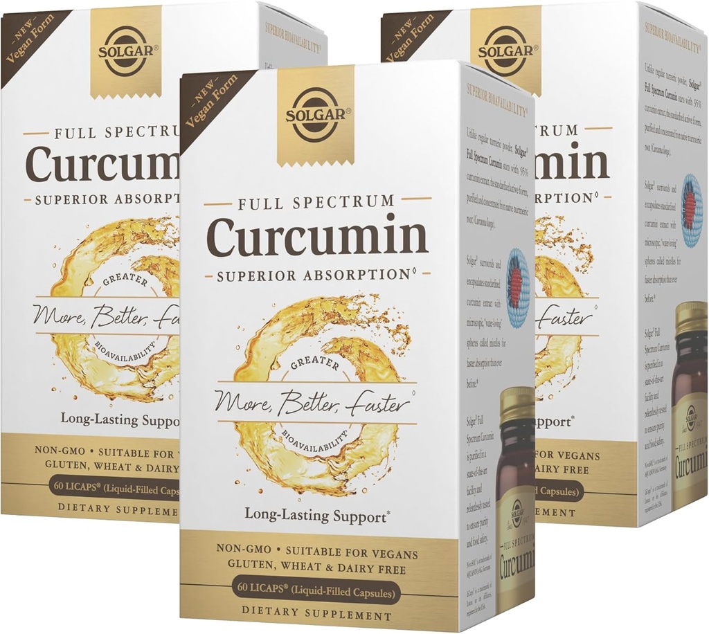 Solgar Full Spectrum Curcumin - 60 LiCaps, Συσκευασία των 3 - Superior Απορρόφηση - Εγκεφαλική, Κοινή & Ανοσολογική Υγεία - Μη ΓΤΟ, Vegan, Χωρίς Γλουτένη, Χωρίς Γαλακτοκομικά - 180 Σύνολο Σερβίρεις