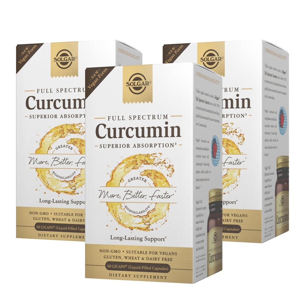 Solgar Full Spectrum Curcumin - 60 LiCaps, 3 Paket - Üstün Abhidrasyon - Beyin, Ortak & Immune Health - Non-GMO, Vegan, Gluten Free, Dairy Free - 180 Toplam Hizmetler