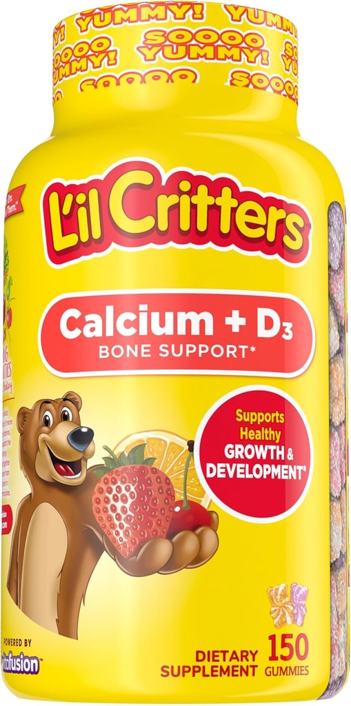 L'il Crittersuba + D3 Günlük Gummy Supplement for Kids, for Bone Support, Orange, Strawberry and Cherry Flavors, 150 Gummies