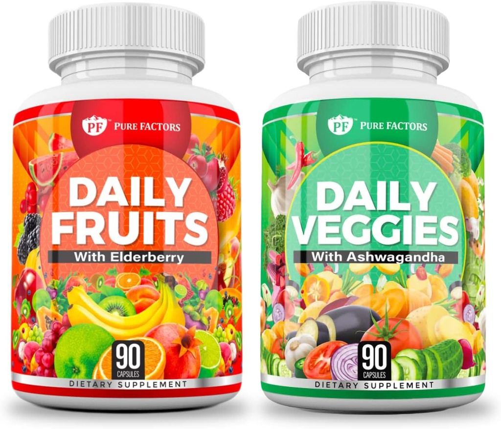 PURE FACTERS Daily Fruits & Veggies Supplement - Superfood Ashwagandha, Elderberry, Meyve & Sebze Yemekleri | Immunity & Health Support for Men & Women | 90 Capsules | 2Pack