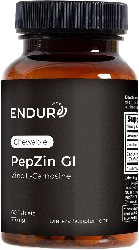 Endur PepZinGI ZINC-CARNOSINE Chewables, Digestive Supplement, Gentle & Effective Formula for Digestive Wellness, Gluten Free, 75mg (60 Tablets)