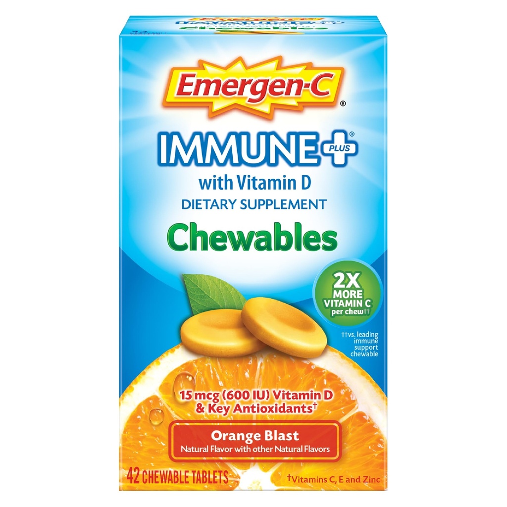 Emergen-C Immune+ Chewables 1000 mg Vitamin C with Vitamin D Tablet, Immune Support Diyetary Supplement for Immunity, Orange Blast Flavor - 42 Count