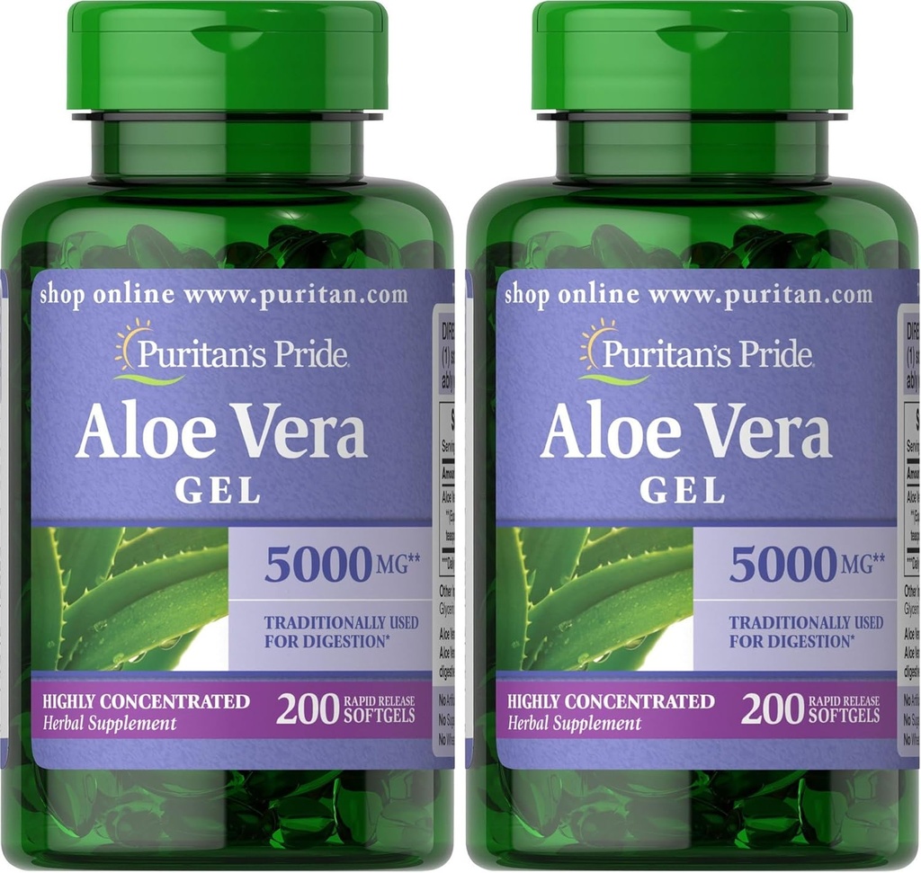 Puritan's Pride Aloe Vera Extract 25mg (5000mg Ισοδύναμο) Softgels, 200 Count (Packaging May Vary) (Pack of 2)