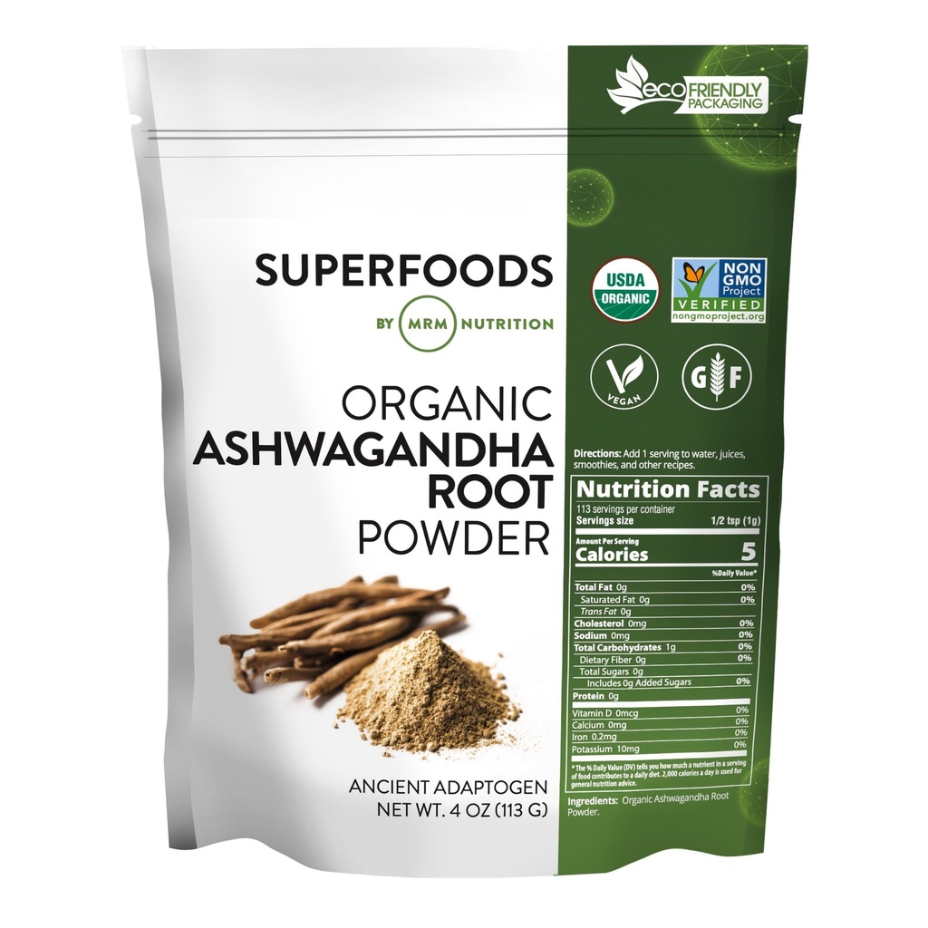 MRM Beslenme Organik Ashwagandha Root Toz | Superfoods | Antik adaptasyonojen | Antioksiler | Vegan + Gluten-Free | 113 Hizmetler
