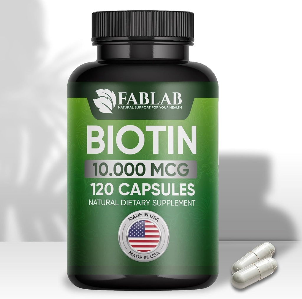FabLab Biotin 10000 mcg Βιταμίνες με κολλαγόνο, Κερατίνη για γυναίκες και άνδρες - Biotin Hair Skin Nails συμπλήρωμα για τα μαλλιά, το δέρμα και τα νύχια Wellness - Made in USA, 120 κάψουλες