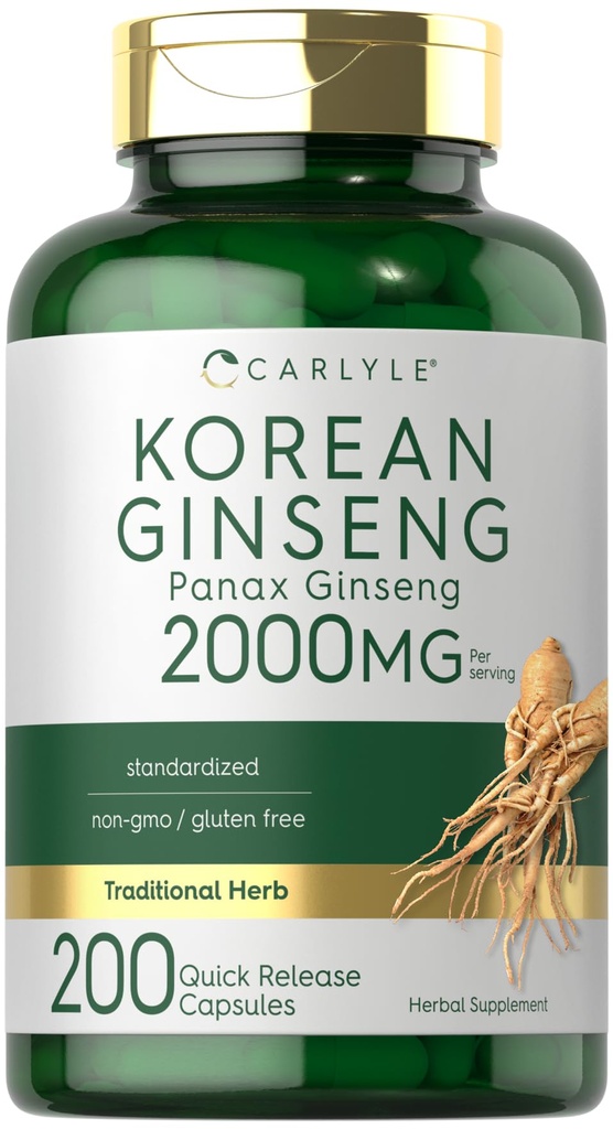 Carlyle Koreli Ginseng Capsules 2000 mg | 200 Capsules | Non-GMO ve Gluten Free Formula | Standardized Panax Reality Supplement