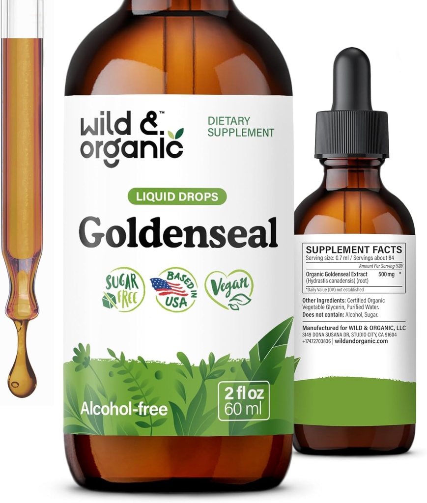 Wild & Organic Goldenseal Root Tincture - Lung Cleanse, Immune & Digestive Support - Liquid Goldenseal Supplement - Vegan, Sugar & Alkol Free Herb Drops - 2 fl ozz