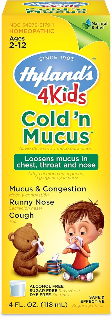 Hyland's Cold Medicine for Kids Ages 2 and up, Cold 'n Mucus Relief, Natural Relief of Mucus and Congestion, Runny Nose, Cough, 4 Ounces