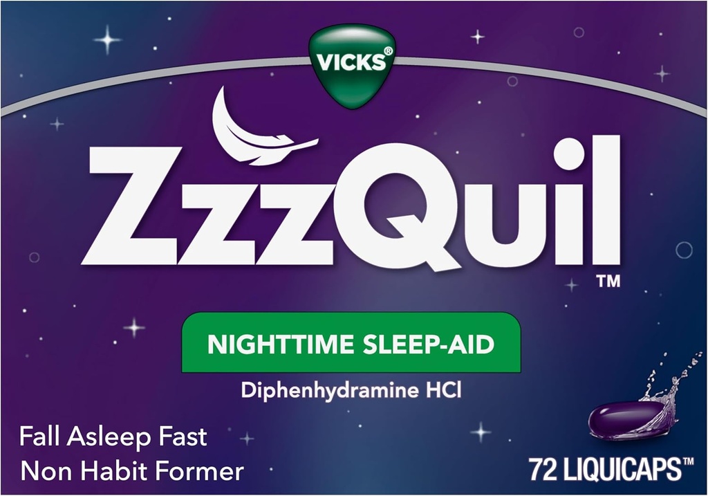 ZzzQuil LiquiCap Sleep Aid, Diphenhydramine 25mg HCl, Sleep Aids για ενήλικες, Nighttime Sleep Aid, 72 LiquiCaps