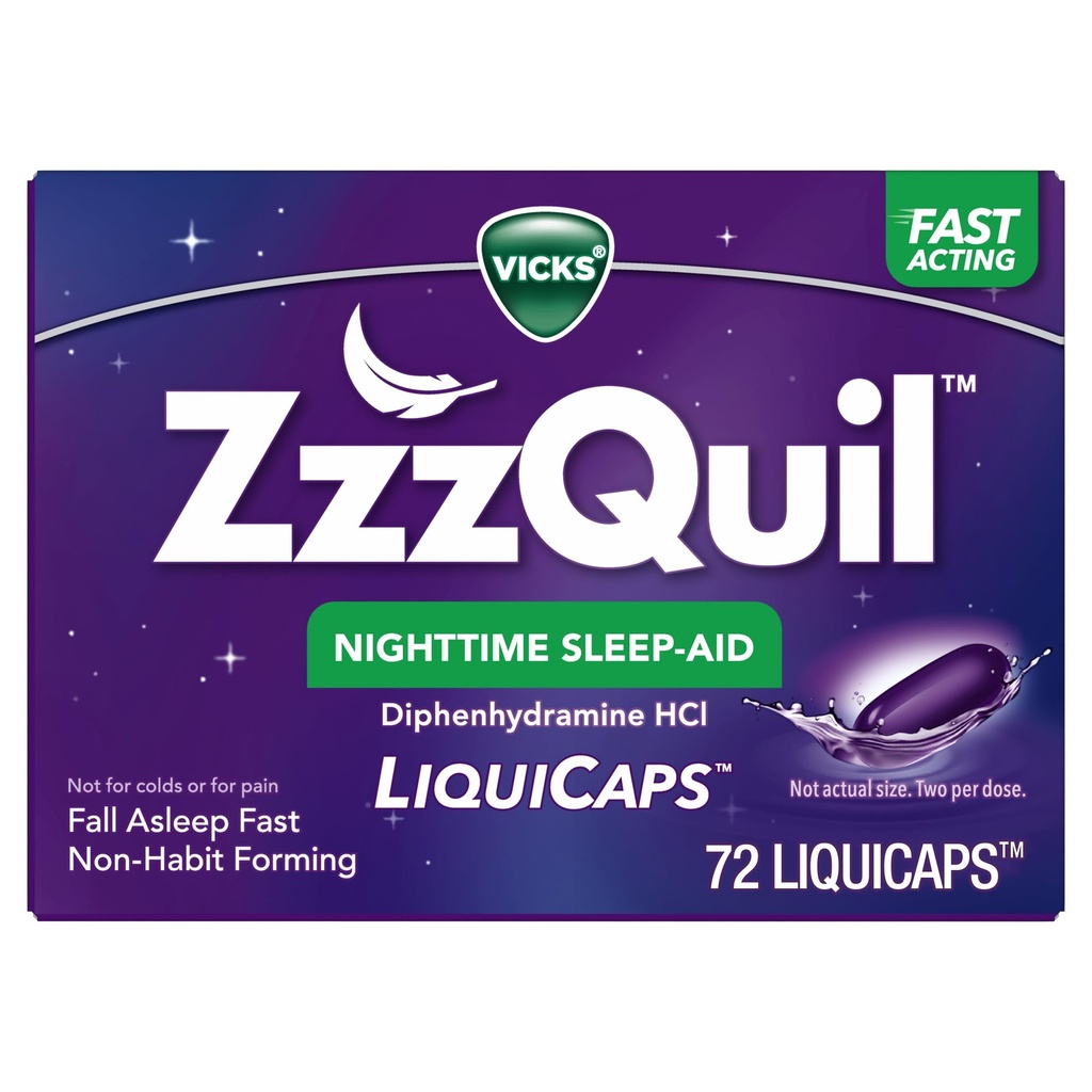 ZzzQuil LiquiCap Sleep Aid, Diphenhydramine 25mg HCl, Sleep Aids για ενήλικες, Nighttime Sleep Aid, 72 LiquiCaps