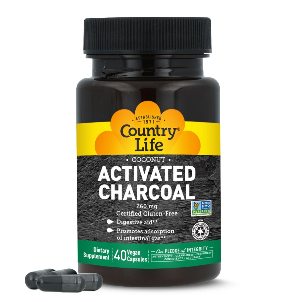 Country Life Coconut aktif Charcoal Capsules, 260 mg - Doğal Charcoal Supplement for Gas and Bloating Relief - Gluten-Free, 40 Vegan Capsules