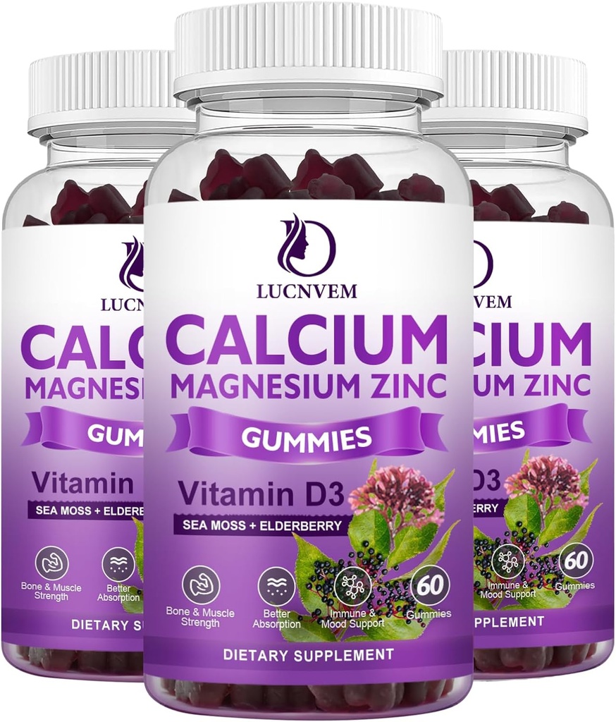 Ασβέστιο Μαγνήσιο Ψευδάργυρος Gummies wiln Elderberry και θαλάσσια Μος, Ασβέστιο Μαγνήσιο 2:1, Περιέχει Μαγνήσιο Γλυκινικό, Βιταμίνη D3, για οστά, μύες, ηρεμία Mood & υποστήριξη ύπνου, 60 Gummies (3 συσκευασίες)