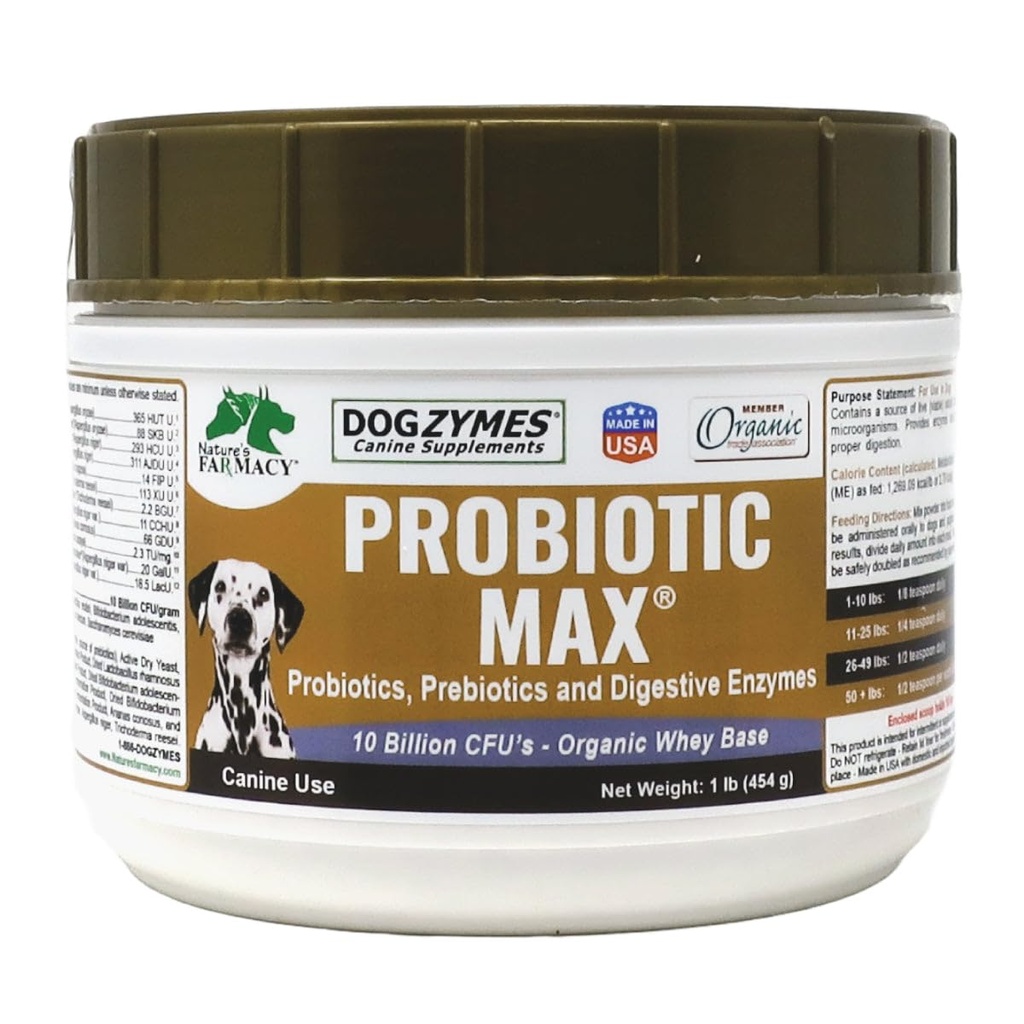 Dogzymes Probiyotik Max -10 Milyar CFU's Probiyotiks, Prebiyotiks, Digestive Enzymes - Relieves Diarrhea, Upset Stomach, Constipation, Gas, Alerji, Immunity & General Health 1 Pound