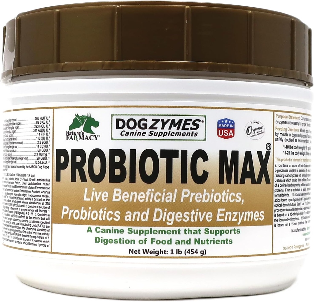 Dogzymes Probiyotik Max -10 Milyar CFU's Probiyotiks, Prebiyotiks, Digestive Enzymes - Relieves Diarrhea, Upset Stomach, Constipation, Gas, Alerji, Immunity & General Health 1 Pound