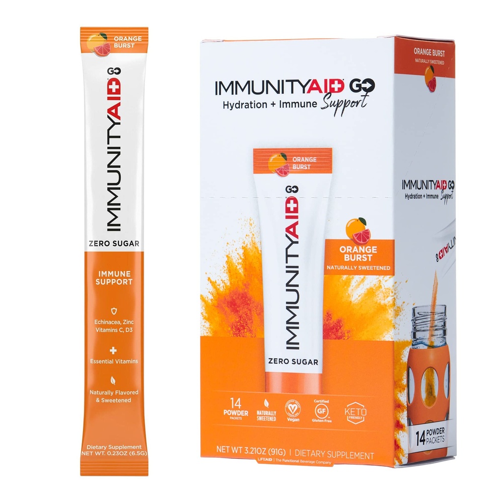 LIFEAID IMMUNITYAID GO! Zero Sugar Immunity + Hydration Packet, Vitamin C, Echinacea, çinko, Astragalus Root, Keto-friendly, Vegan & Gluten-Free, 5 kalori, Doğal olarak Tatlılanmış, No Caffeine, 14 Pack