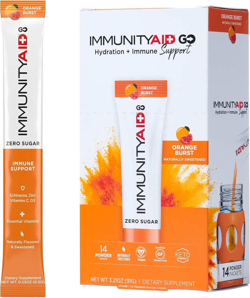 LIFEAID IMMUNITYAID GO! Zero Sugar Immunity + Hydration Packet, Vitamin C, Echinacea, çinko, Astragalus Root, Keto-friendly, Vegan & Gluten-Free, 5 kalori, Doğal olarak Tatlılanmış, No Caffeine, 14 Pack