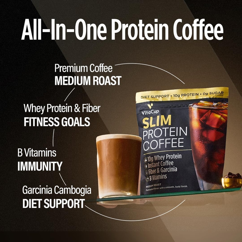 VitaCup Slim protein Coffee Shake for Diyet Support, Instant Coffee w/Whey protein Toz, B Vitamins & Fiber, Diyetitian Performans ve Tadı için Geliştirildi, Buzlu Kahve veya Shake olarak yapın, 20 Hizmetler