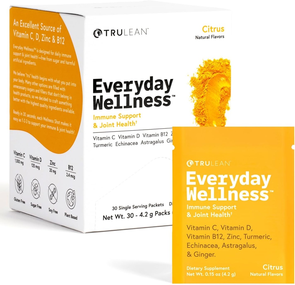 TRULEAN Günlük Wellness Shot Toz - Turmeric, Ginger, C, Immunity & Immune Support Supplement - No Yapay Malzemeler, No Sugar & Gluten Free - 30 Packets Citrus Flavor