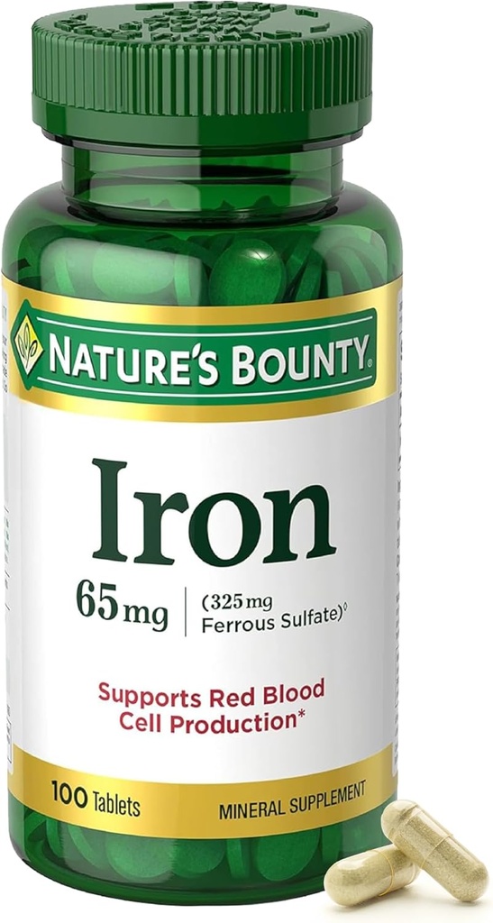 Nature's Bounty Iron 65mg, 325 mg Ferrous Sulfate, Cellular Enerji Desteği, Normal Kırmızı Kan Hücre Üretimi, 1 Aralık Günü, Gluten Free, 100 Vegetarian Tabletler