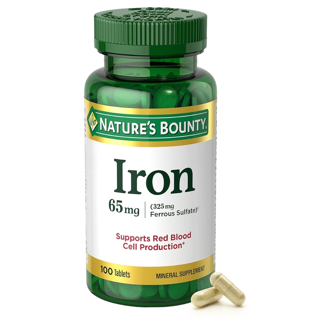 Nature's Bounty Iron 65mg, 325 mg Ferrous Sulfate, Cellular Enerji Desteği, Normal Kırmızı Kan Hücre Üretimi, 1 Aralık Günü, Gluten Free, 100 Vegetarian Tabletler