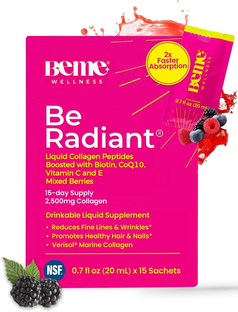 BeMe BeRadiant Liquid Collagen Peptide for Hair, Skin & Nails with 2X Faster Abors - Klinik olarak Test edildi - 2500 mg Datasol Hydrolyzed Collagen Supplements for Women with Biotin, CoQ10 & C Vitamin