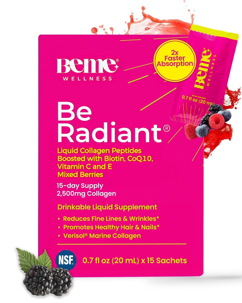 BeMe BeRadiant Liquid Collagen Peptide for Hair, Skin & Nails with 2X Faster Abors - Klinik olarak Test edildi - 2500 mg Datasol Hydrolyzed Collagen Supplements for Women with Biotin, CoQ10 & C Vitamin