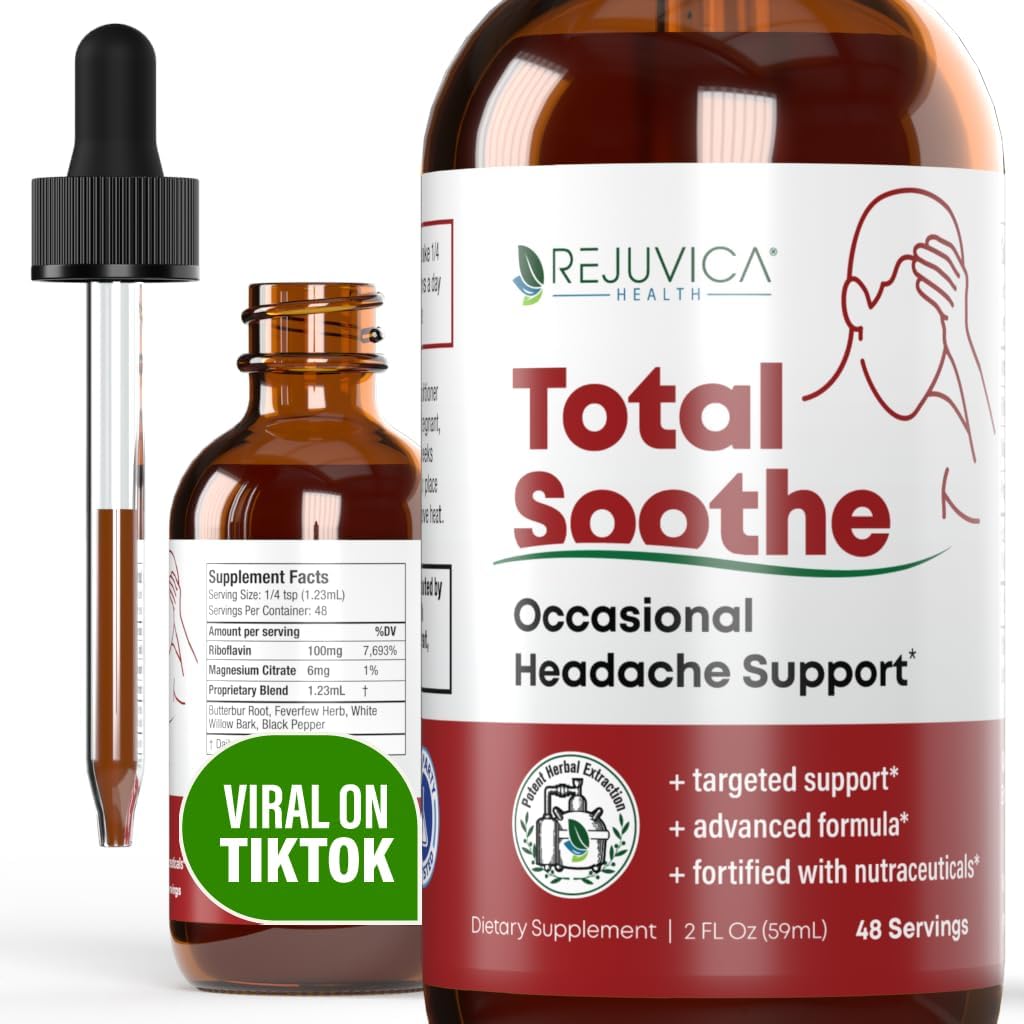 Rejuvica Health Total Soothe - Advanced Occasional Headache Support Supplement - Daha İyi Aborpsiyon için Sıvı Teslimat - Ateş, Riboflavin, Butterbur, Black Pepper & More!
