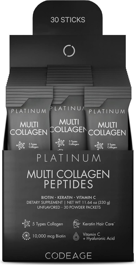 Kodaj Multi Collagen ve Biotin 10.000 mcg + Vitamin C, B6 & D3, Keratin, Hyaluronic Asit, Niacin, 18 Amino Asits - Stick Packs Supplement - 5 Tip Collagen Protein - 30 Toz Paketi