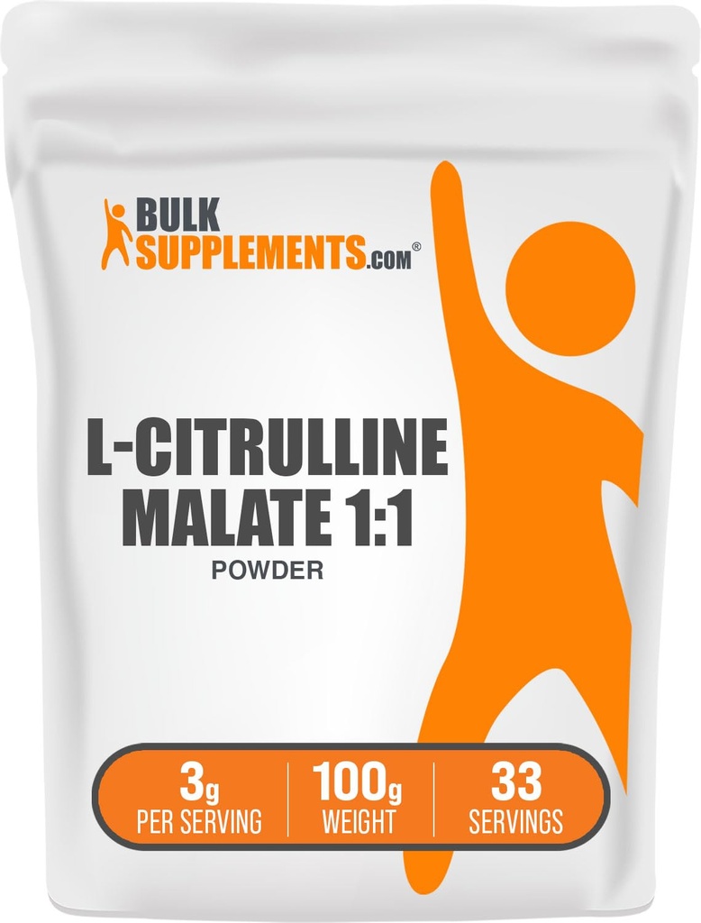 BulkSupplements.com L-Citrulline Malate 1:1 Κόνις - Κιτρουλίνη σε σκόνη, Amino Acid Συμπλήρωμα - Χωρίς γεύση & Γλουτένη - 3g ανά Σερβίρισμα, 100g (3, 5 oz) (Pack of 1)