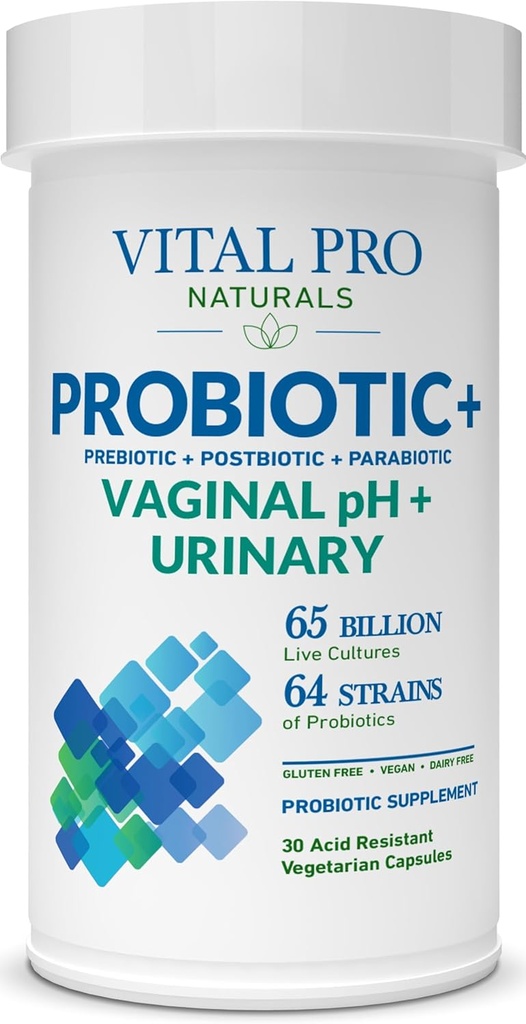 Vital Pro Naturals - Vaginal pH & Urinary Probiyotiks + Prebiyotikler, Postbiyotikler, Parabiyotikler, 4-in-1 Supplement for Women, High Potency, 64 Strains, Digestive, Vaginal, Urinary, Immune Health, 30 ct