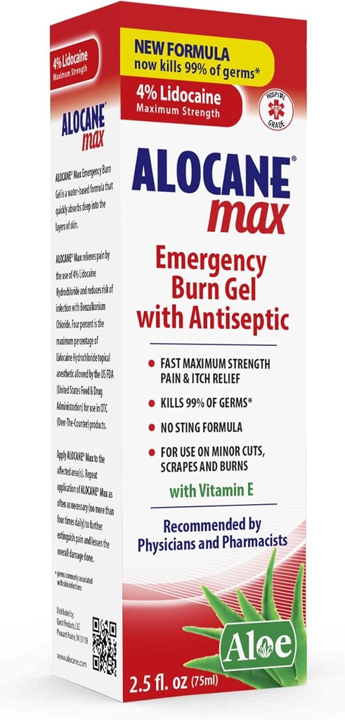 Alocane Max Emergency Burn Gel, 4% Lidokaocaine, Antiseric Kills% 99 Germs, maksimum Güçlü Ağrı ve Itch Relief, for Sunburns, First Aid Burn Gel with Aloe Vera- 2.5 fl ozz