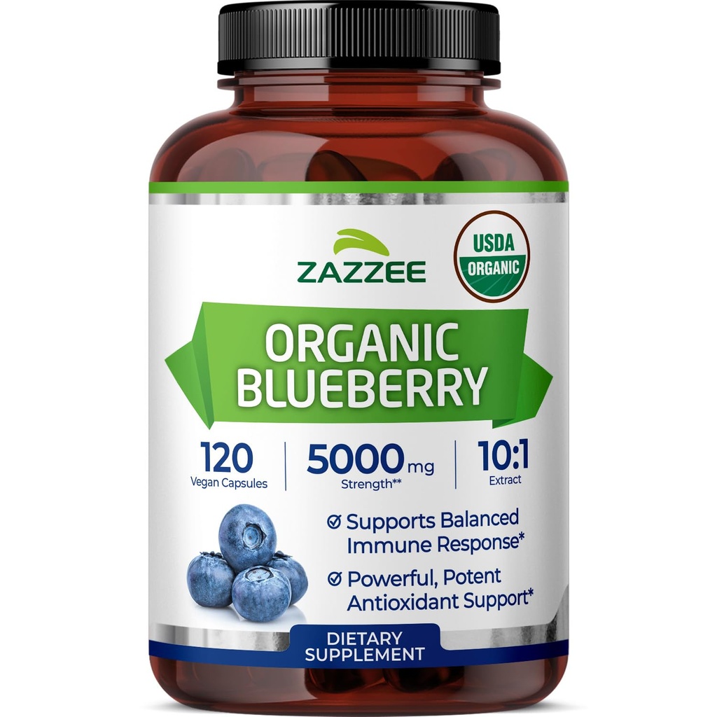 Zazzee USDA Organik Blueberry 10:1 Ekstraksiyon, 5000 mg Güçlü, 120 Vegan Capsules, 4 Ay Supply, Interd and Standardized 10X Whole Fruit Extract, 100% Vegetarian, Non-GMO, Made in the USA