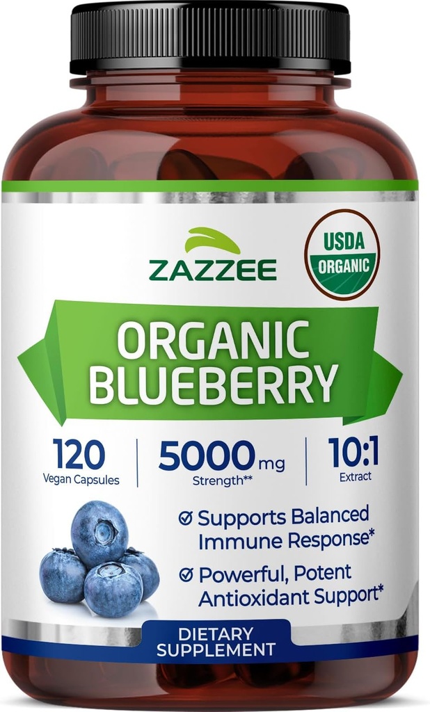 Zazzee USDA Organik Blueberry 10:1 Ekstraksiyon, 5000 mg Güçlü, 120 Vegan Capsules, 4 Ay Supply, Interd and Standardized 10X Whole Fruit Extract, 100% Vegetarian, Non-GMO, Made in the USA