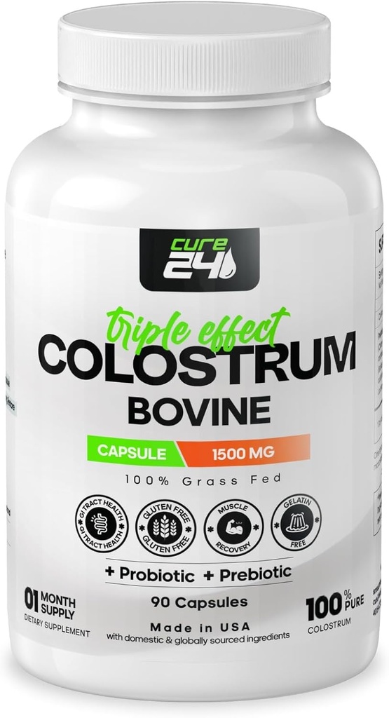 Bovine Colostrum X3 Capsule Supplement for Humans, 100% Pure Whole Natural Grass Fed Superfood, High IgG, Plus Probiyotik & Prebiyotik, Made in USA