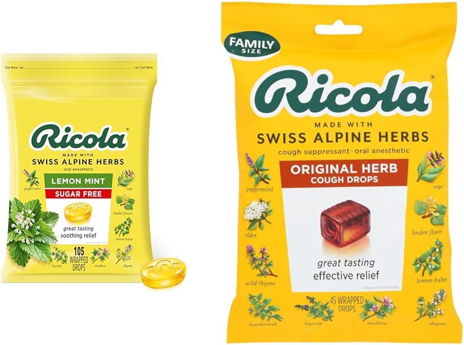 Ricola Sugar Free Lemon Mint Herbal Cough Suppressant Throat Drops, 105ct Bag & Original Natural Herb Cough Suppressant Throat Drops, 45 Drops, Fights Coughs