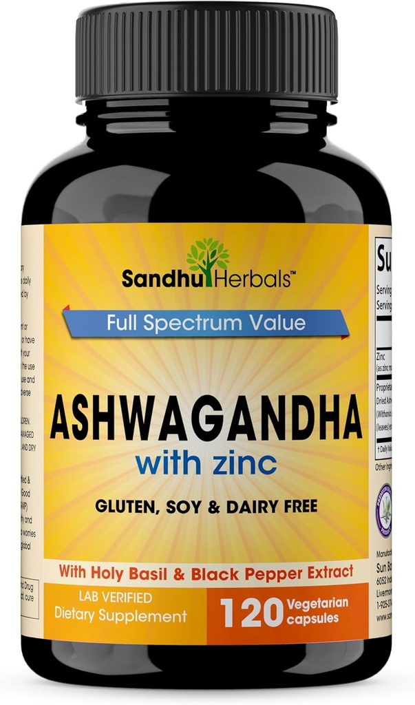 SANDHUHERBALS Sandhu Herbals Ashwagandha Supplement| 120 Organic 4 in 1 Capsules, 2 Months Supply| with Zinc, Black Pepper & Holy Basil Extract| Supports Immune Health| Non-GMO