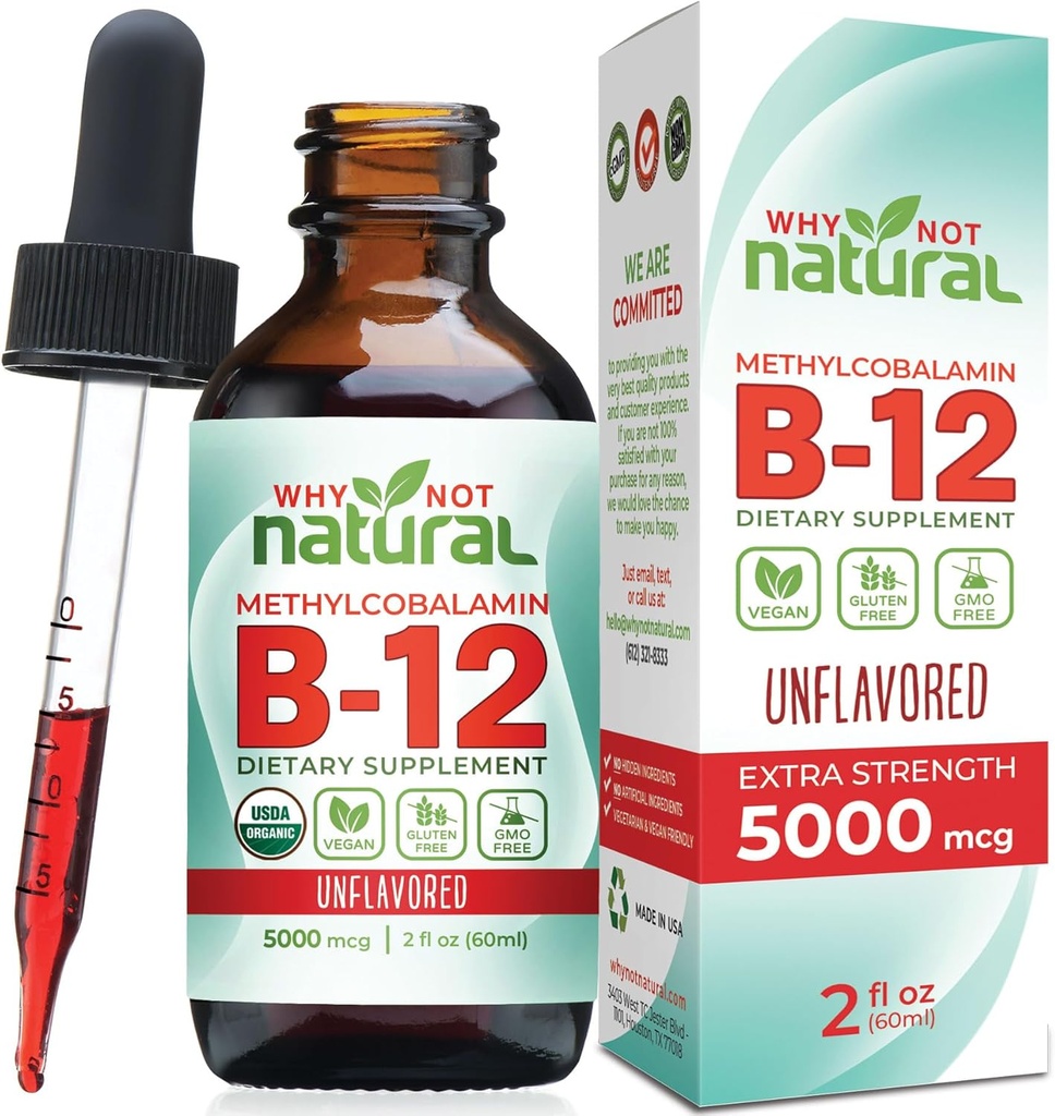 Doğal Organik Vitamin B12 Sıvı Neden - Sublingual Extra Strength 60 x 5000 mcg Mecobalamin Drops, Vegan, Max Abvitamin ve Enerji