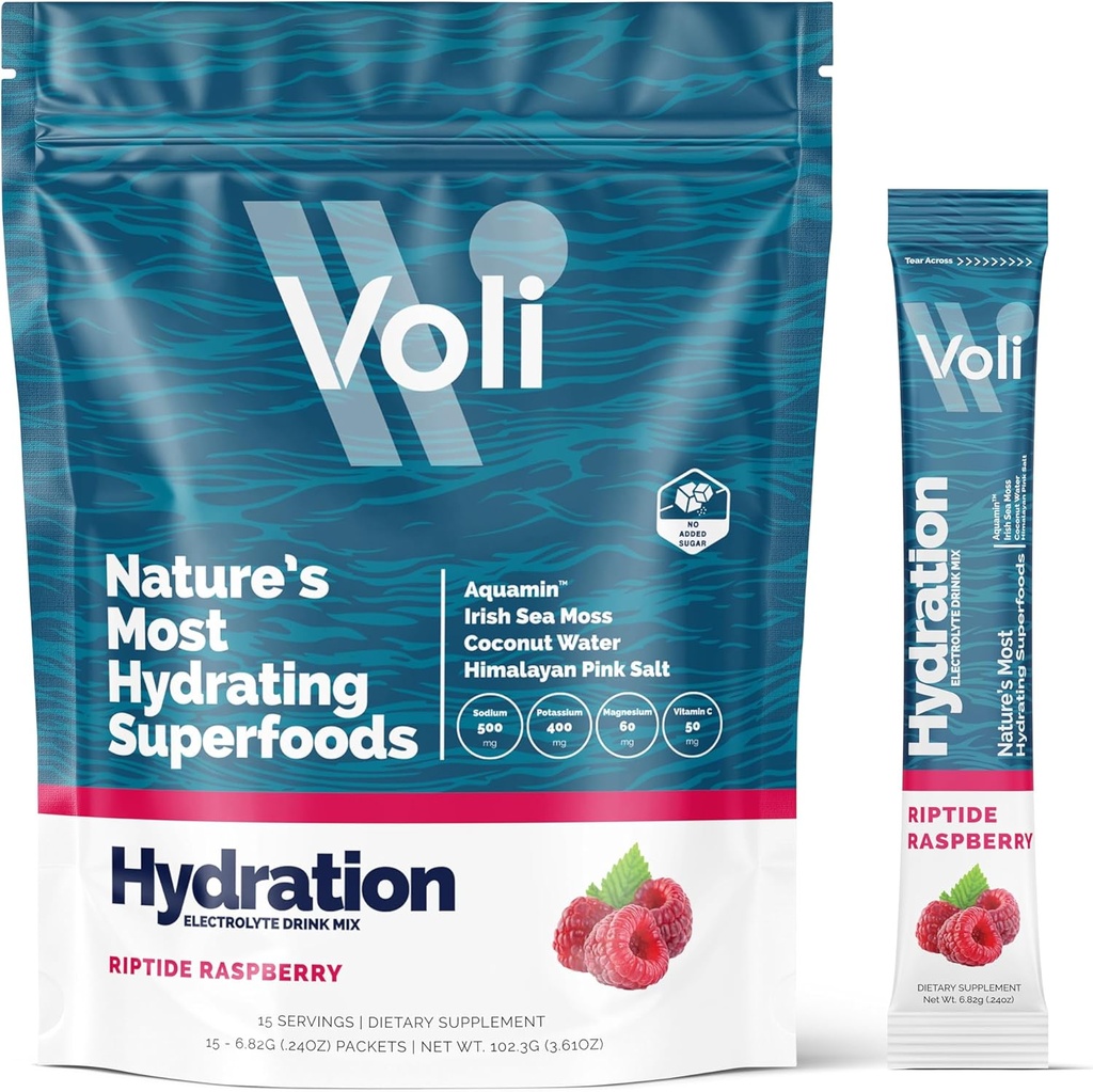 Voli Electrolytes Toz Paketleri | Hiçbir Ek Olmayan Sugar Electrolyte Drink Mix for Hydration | Keto & Fasting Friendly, Natural Superfoods & Minerals | Raspberry 15Count