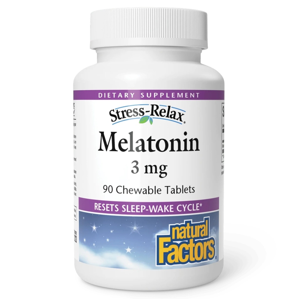 Stres-Relax Melatonin 3 mg Doğal Faktörler, Doğal Uyku Yardımı, Uyku-Wake Çevrimi, 90 çiğnenebilir tablet (90 hizmet), Peppermint Flavor