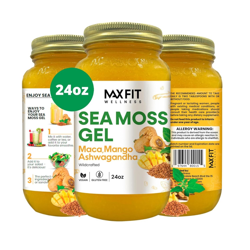 MAX Gel Maca Ashwagandha 24oz Vahşi Garantili Gold Sea Moss Gel Saint Lucia | 92 Vitamin ve Minerals | Pure Raw+Non-GMO