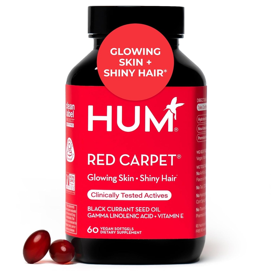 HUM Red Carpet Skin & Hair Vitamins για γυναίκες με Ωμέγα 3 λιπαρά οξέα, βιταμίνη Ε, και μαύρο έλαιο σταφυλιού, συμπλήρωμα για την υγεία του δέρματος & υγιή μαλλιά Θυλακίδια Υποστήριξη, 60 Count