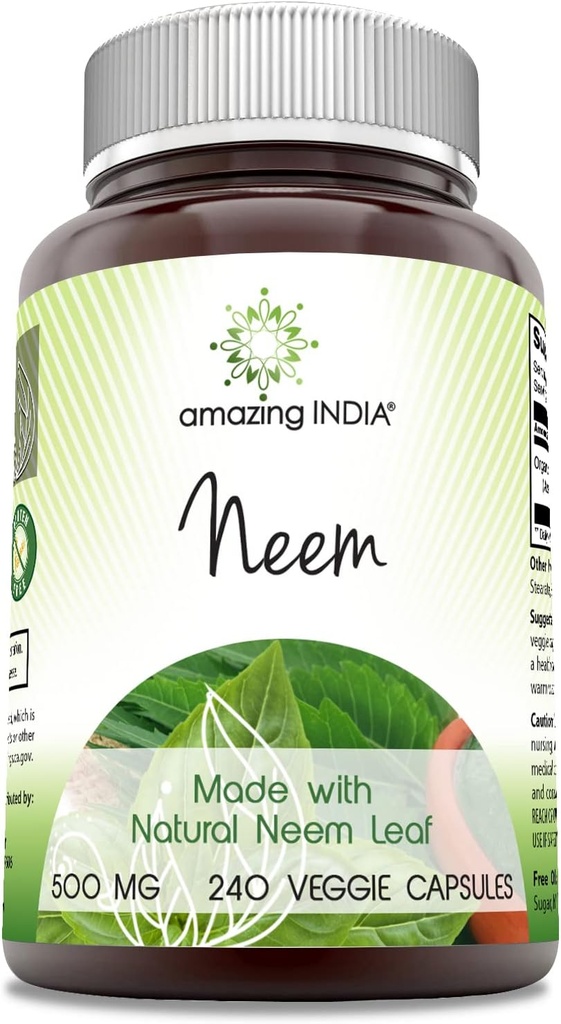 Amazing India Neem (Made with Natural Neem Leaf) 500 mg Veggie Capsules Supplement | Non-GMO | Gluten Free | Made in USA | Uygun for Vegetarians (240)