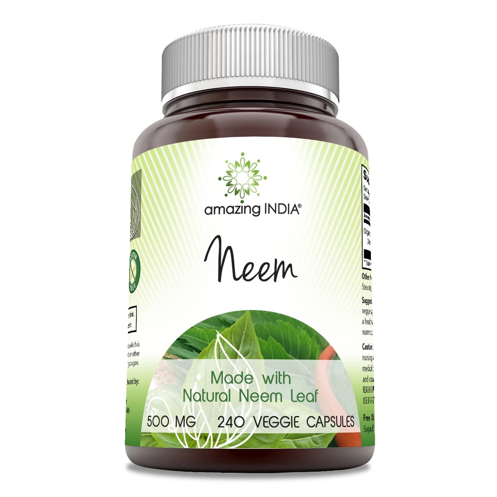 Amazing India Neem (Made with Natural Neem Leaf) 500 mg Veggie Capsules Supplement | Non-GMO | Gluten Free | Made in USA | Uygun for Vegetarians (240)