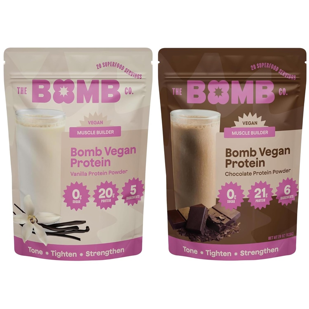 Blender Bombaları Bomb Co. Bomb Plant Protein, Chocolate & Vanilla Protein Toz 21g Protein, Amino Asits, Zero Sugar, Pea Protein, Cocoa, Chia Tohumlar, Vanilla & Monk Meyve, 40 Srvgs