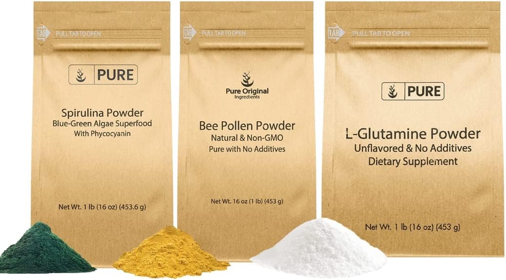 PURE ORIGINAL INGREDIENTS Μέλισσα Γύρη, L-Γλουταμίνη, & Spirulina Powder Bundle, (1lb) Τρόφιμα ασφαλή, συμπλήρωμα σκόνης