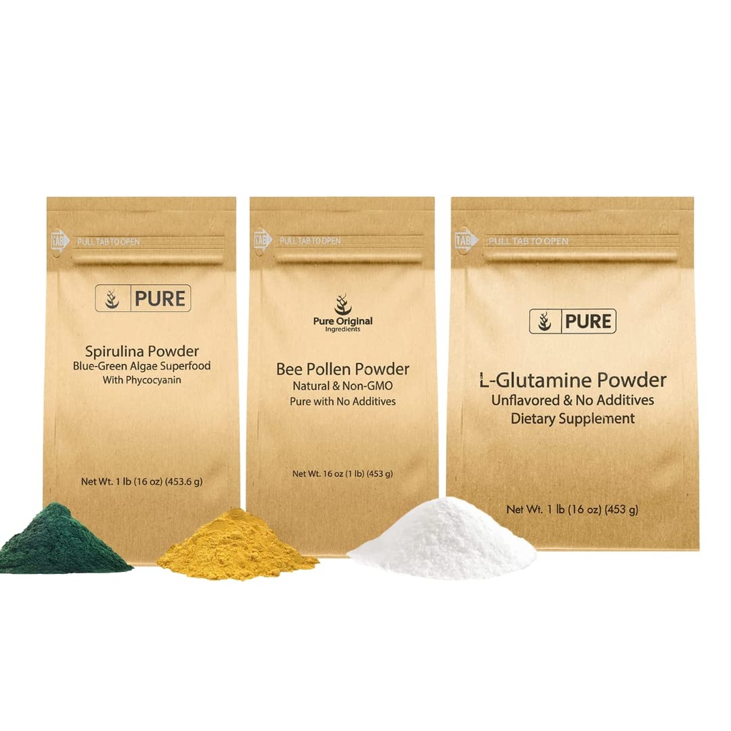 PURE ORIGINAL INGREDIENTS Bee Pollen, L-Glutamine & Spirulina Toz, (1lb) Gıda Güvenli, Tamam Tozlar