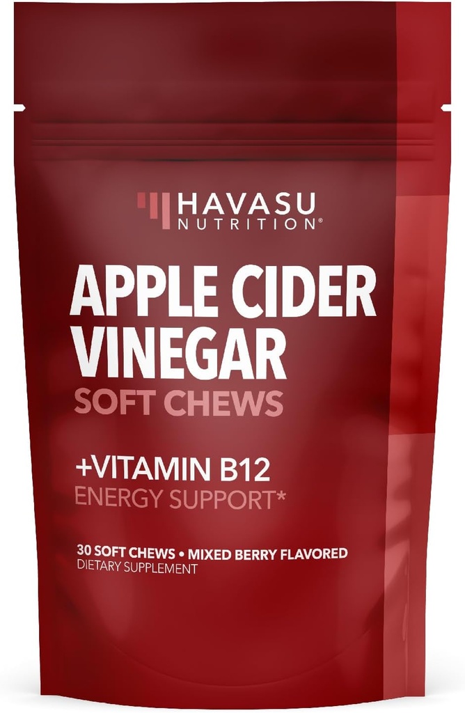 Apple Cider Vinegar Chews with Vitamin B12 and Folate - Ideal ACV Supplements for Energy and Digestive Health - 30 Count - Bireysel olarak yuvarlandı - karma Berry Flavor, Vegan - 1 Ay Supply
