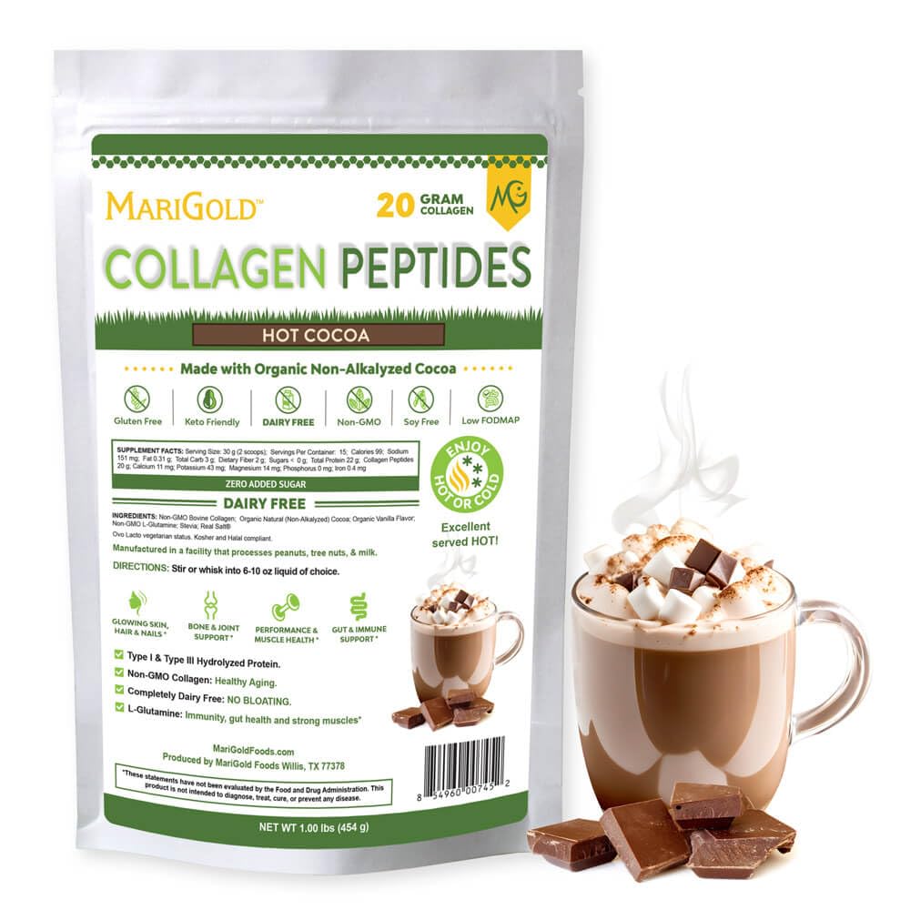 MariGold Grass-fed Collagen Peptides σκόνη ζεστό κακάο 1LB - 100% καθαρό, τύπου I & III Βοοειδή υδρολυμένο κολλαγόνο, μη GMO, ορμονών δωρεάν, χωρίς σόγια, χωρίς γλουτένη, χωρίς γαλακτοκομικά, Κετο-φιλικά