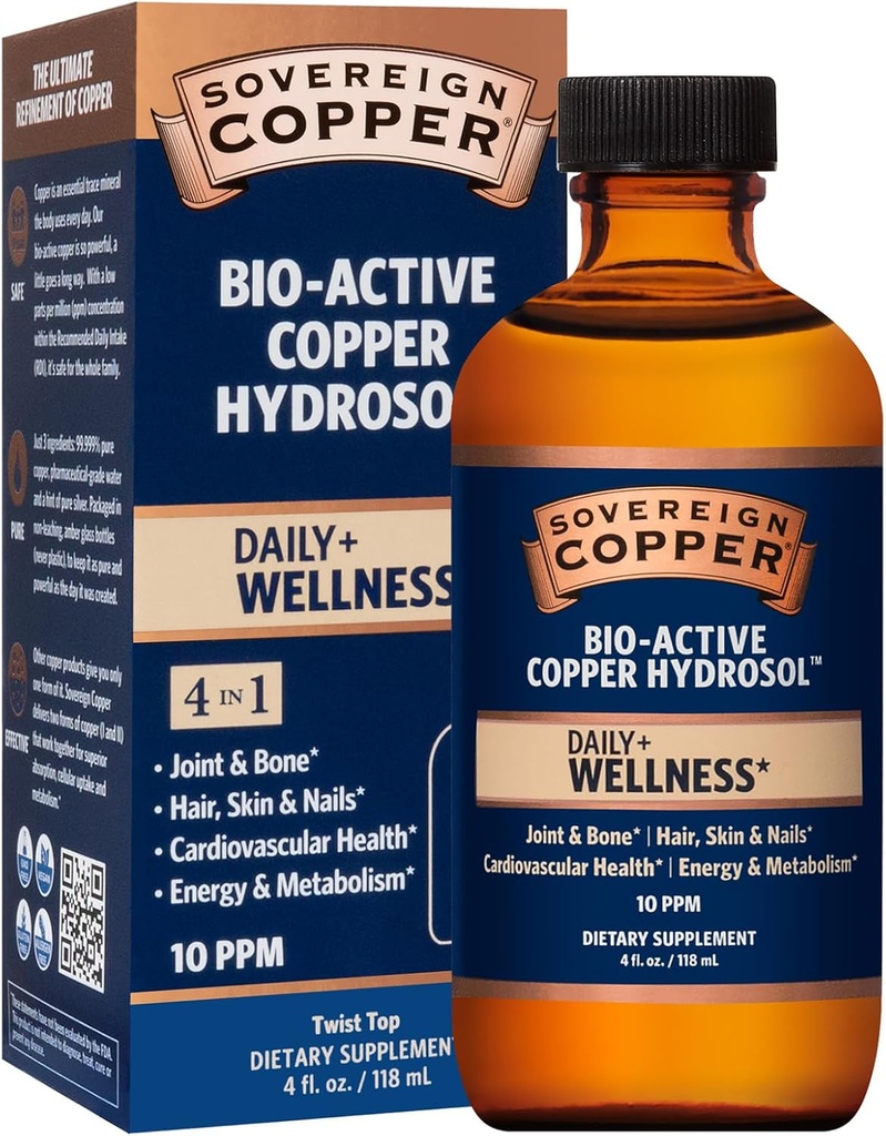Sovereign Bio-Active Copper Hydrosol - Bio, Silver Hydrosol ile saç, Skin ve Nails için Yetişkinler ve Çocuklar için Bakır Eksileri - 4 fl oz (118 mL)